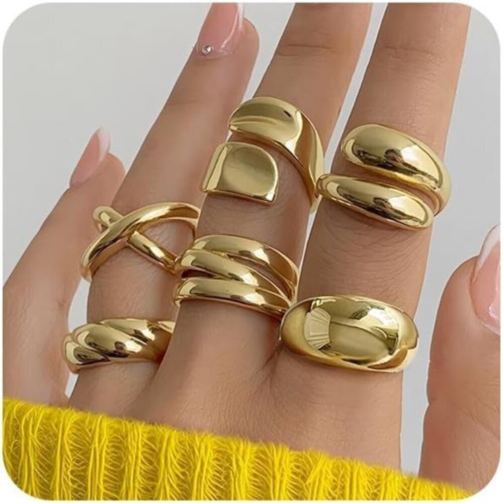 Chunky 18K Gold Rings set 6 pcs for Women Non-Tarnish Stackable Statement Set